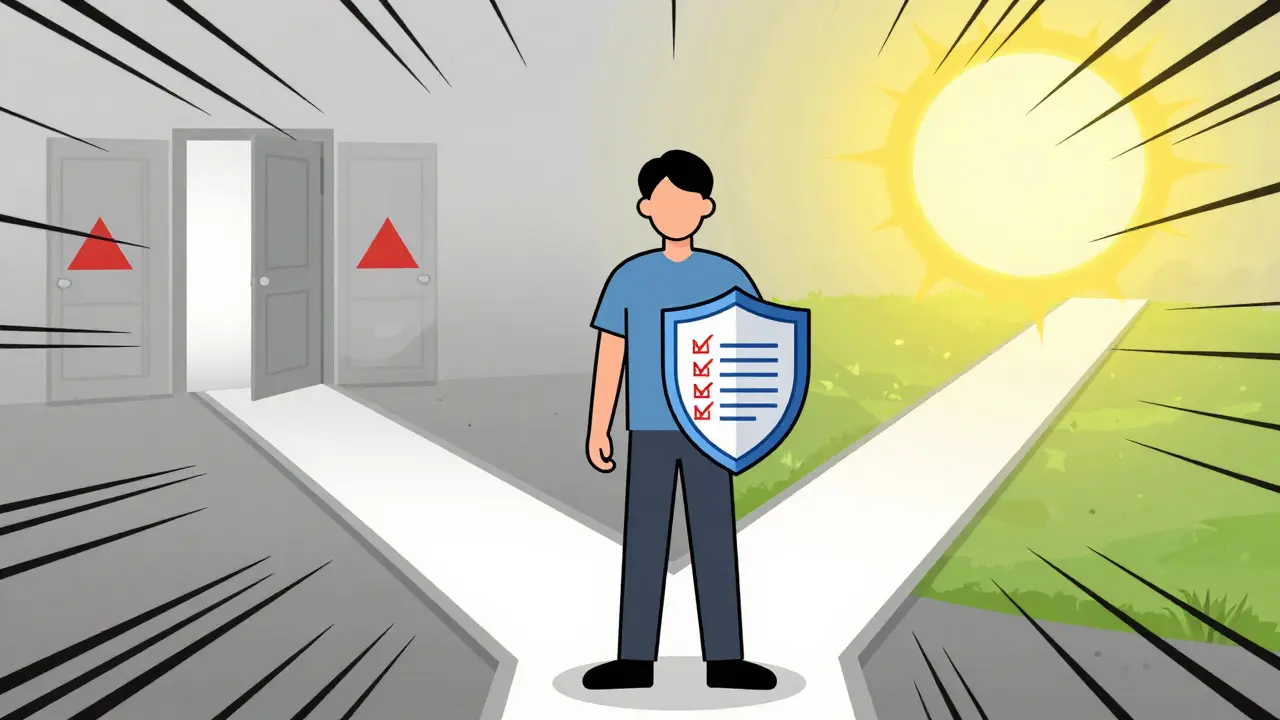 Confident patient choosing path with shield of medical records
