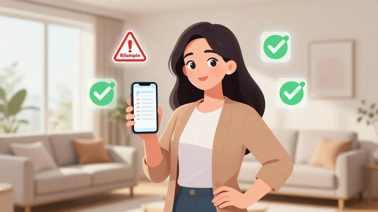 Confident woman checking medication safety guidelines on her phone at home.