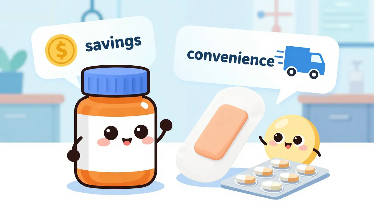Cute illustrated pills and patches representing medication options