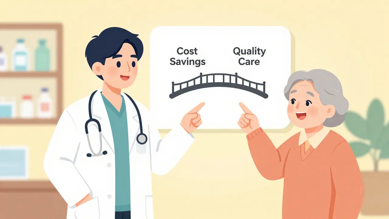 Doctor and pharmacist reassuring an elderly patient about care
