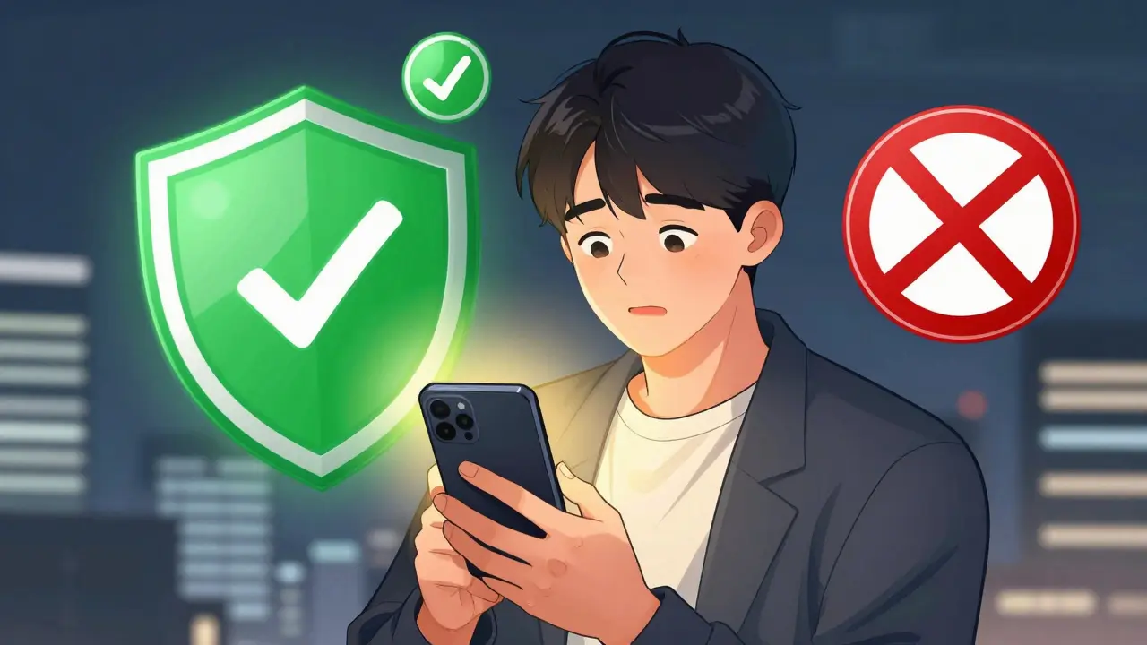 Happy person holding phone with safety shields and scam warnings