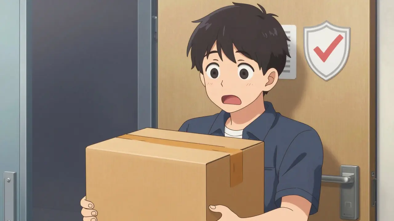 Happy person receiving safe medication delivery package at home