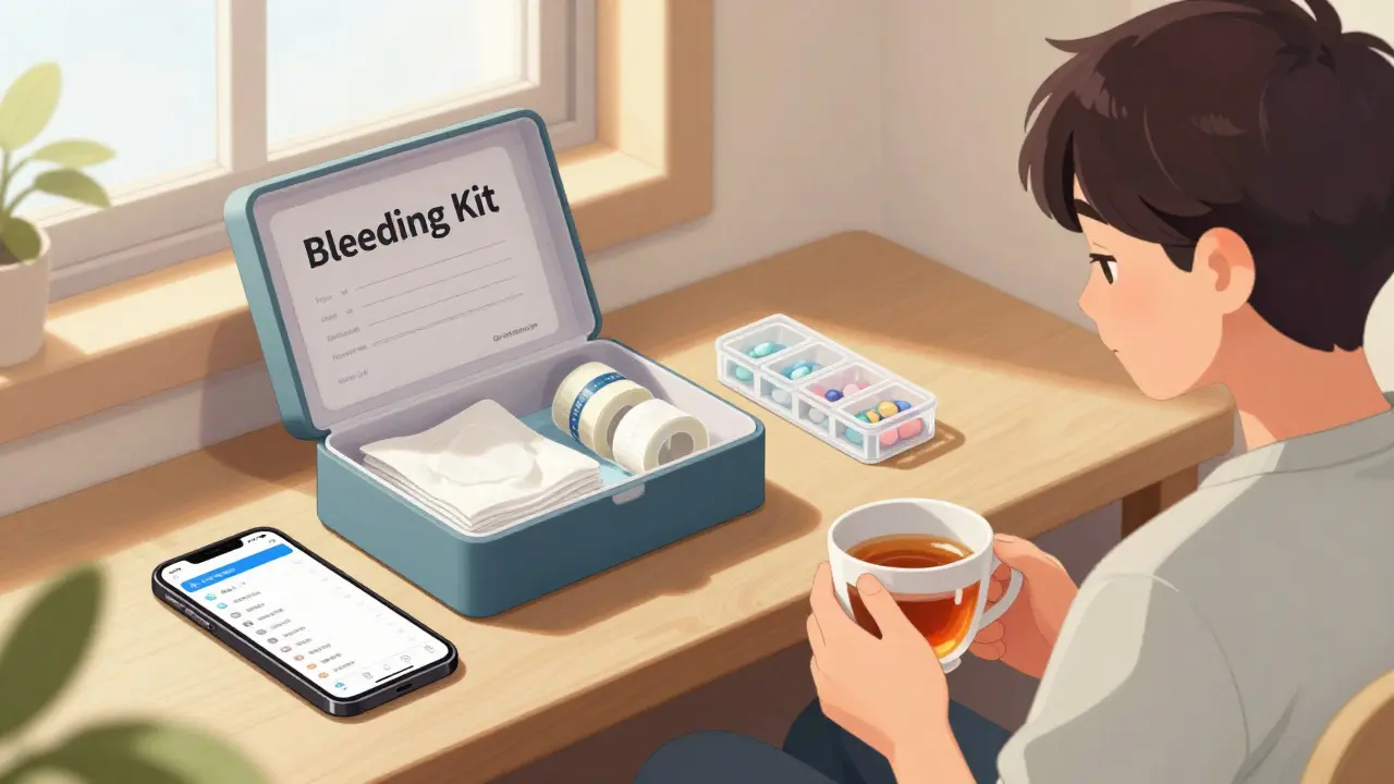 Home bleeding kit with gauze and phone for emergency preparedness