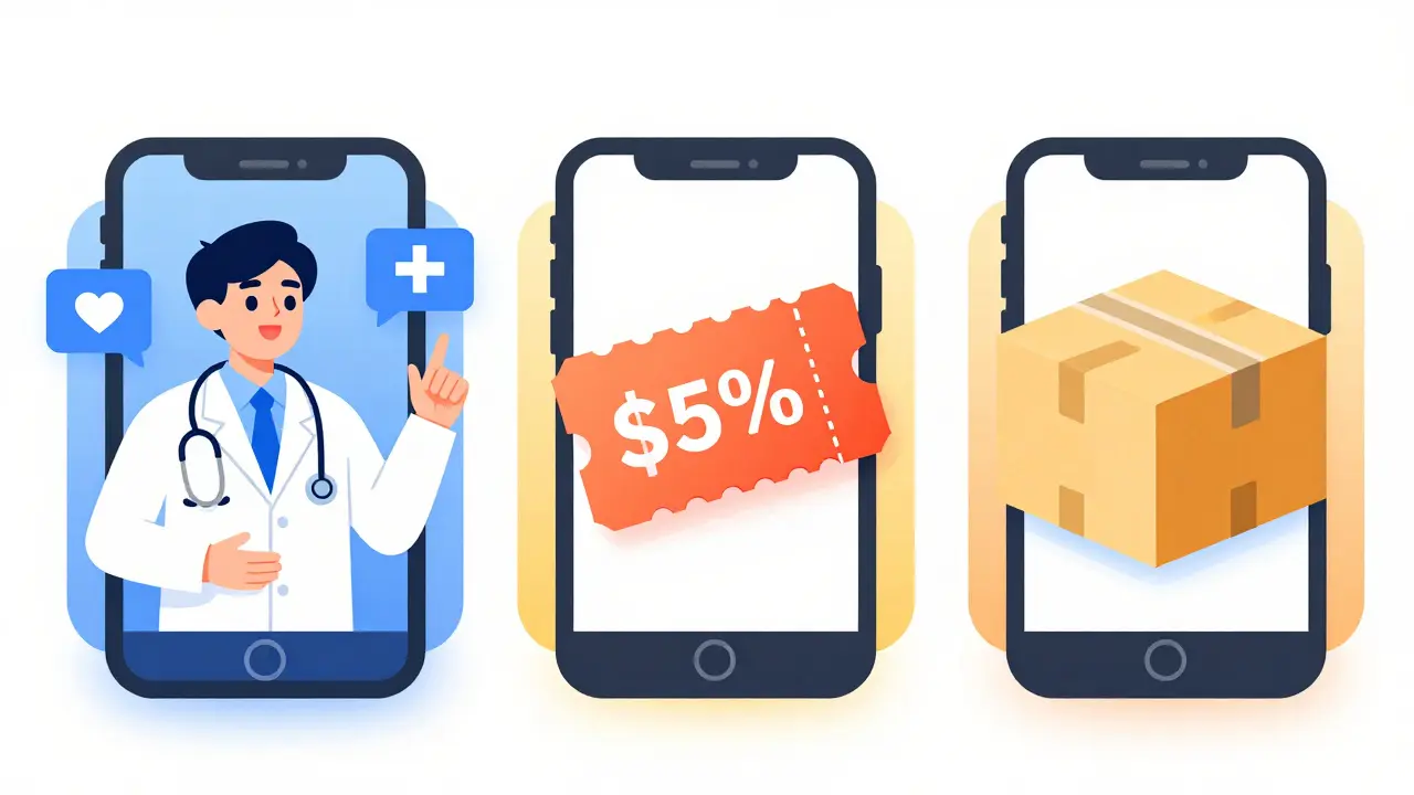 Illustration of three online pharmacy options on phone