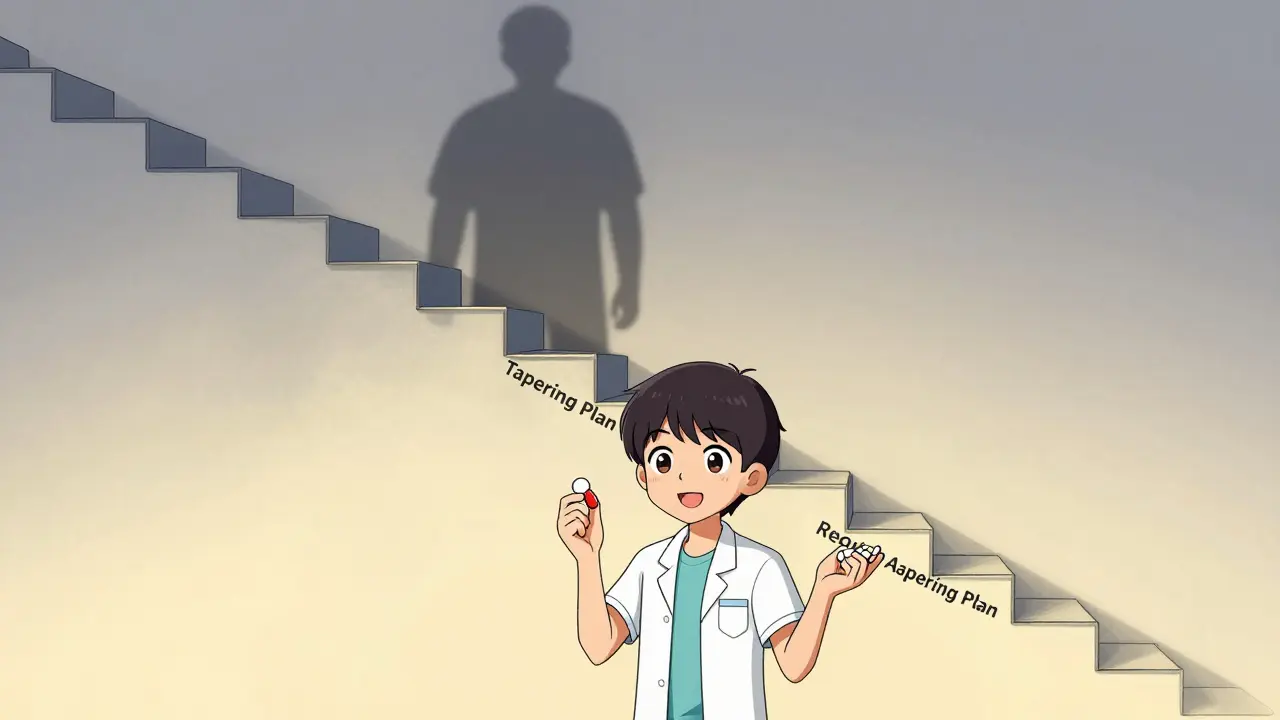 Patient climbing a staircase with medication tools, symbolizing safe tapering off PPIs.