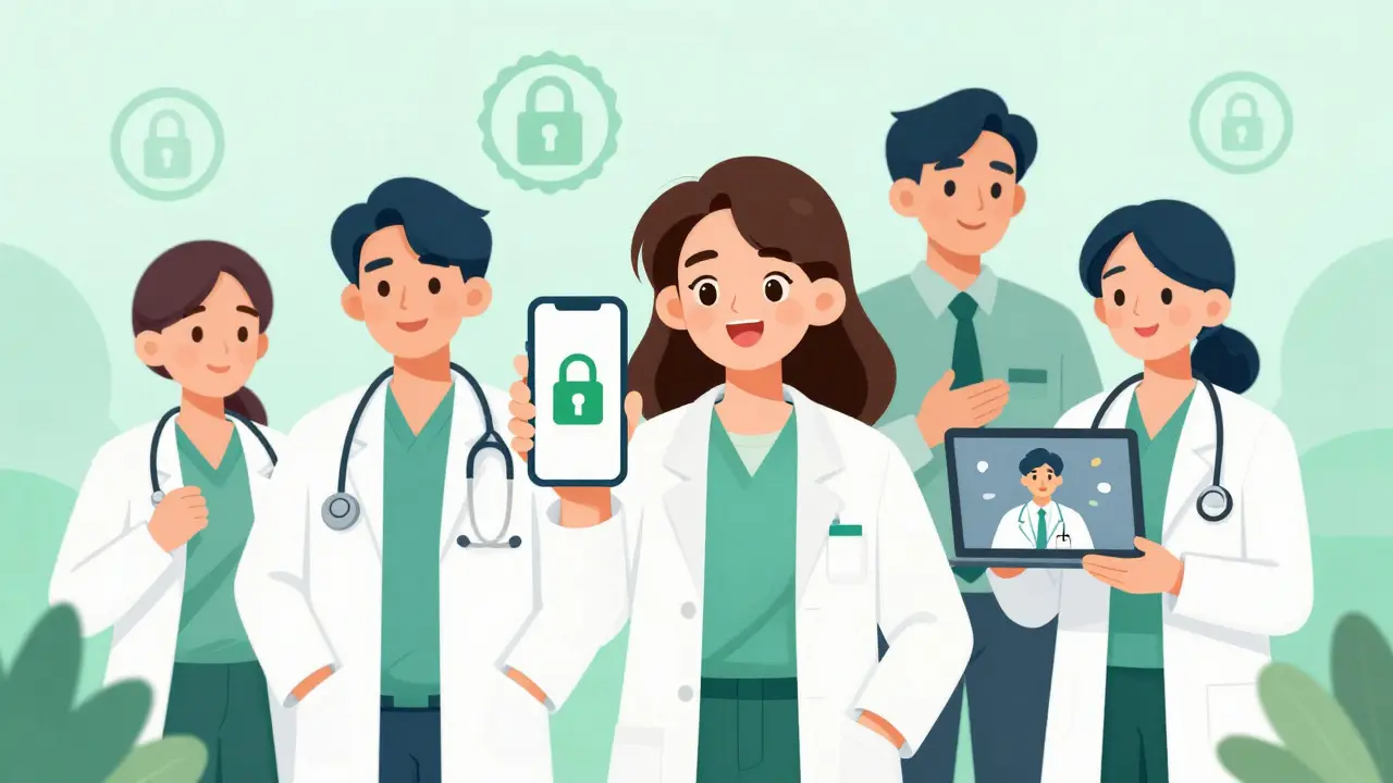 People using secure telehealth apps and verified pharmacies in cartoon style