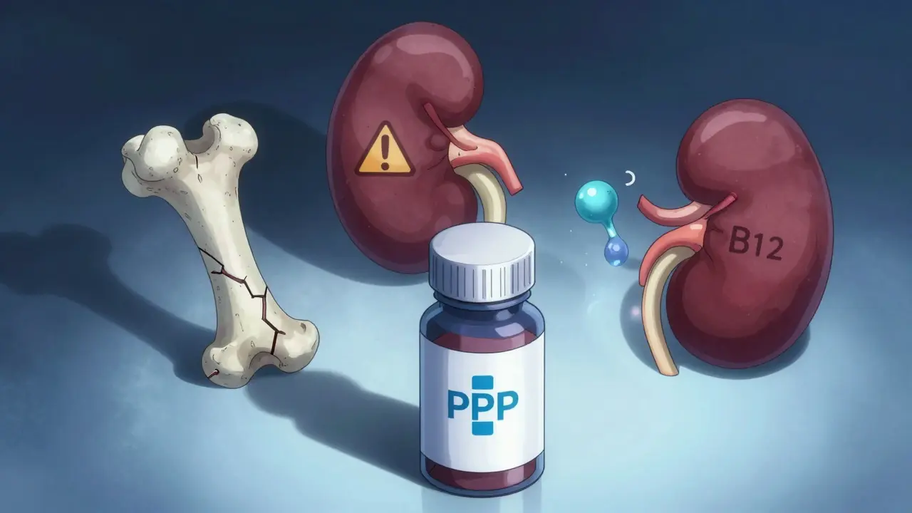 Pill bottle casting shadows over bones, kidneys, and nutrients, showing long-term risks.