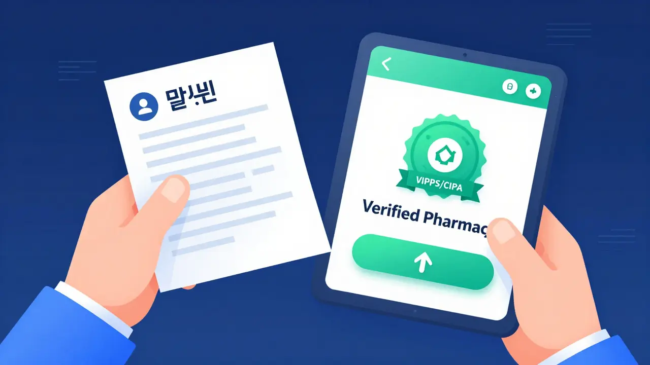 Secure online pharmacy interface with prescription upload and verification badge