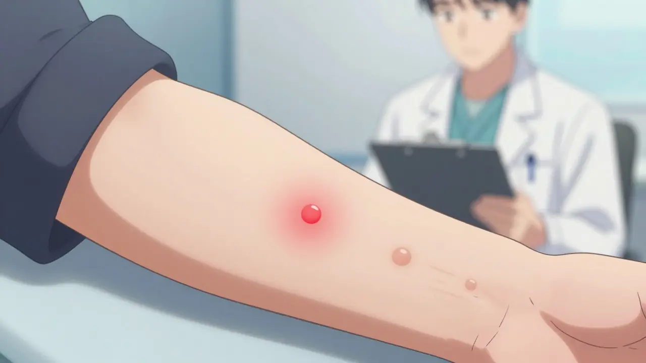 Webtoon style close up of arm with positive skin prick test result for allergy