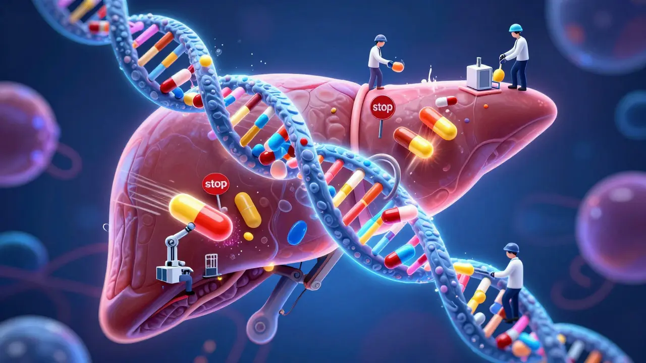 Abstract view of DNA and enzymes interacting with drug capsules inside the body.