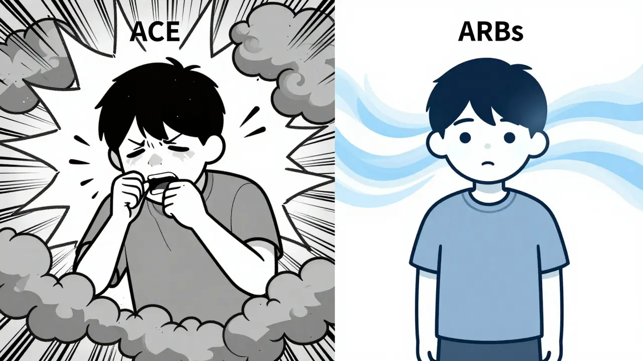 Cartoon comparison of a person coughing from ACE inhibitors vs calm person on ARBs.