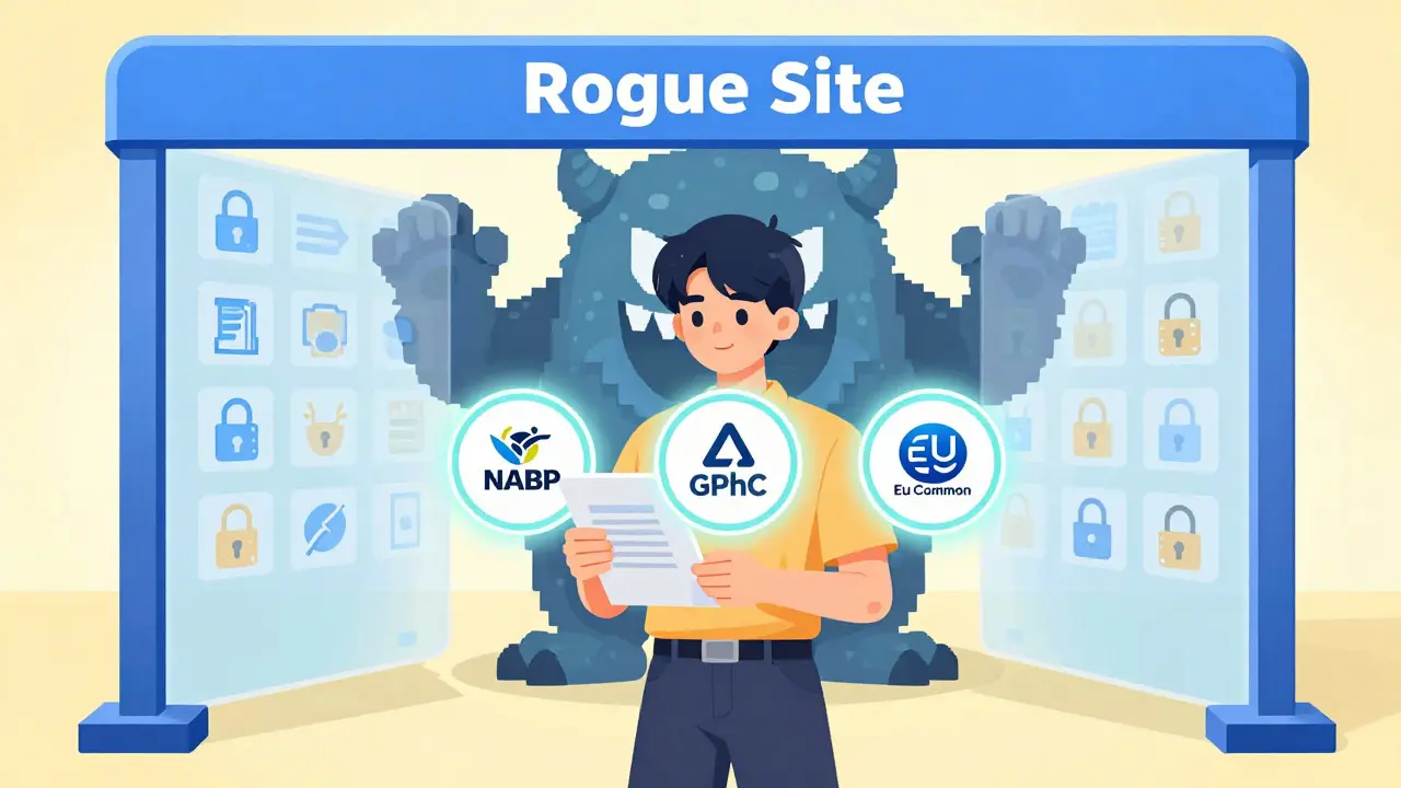 Consumer using verification badges to block a rogue pharmacy threat.