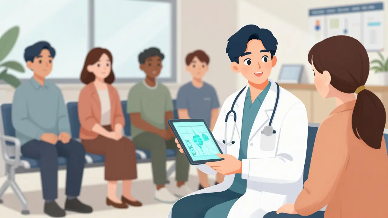 Doctor explaining genetic test results to a patient in a clinic setting.