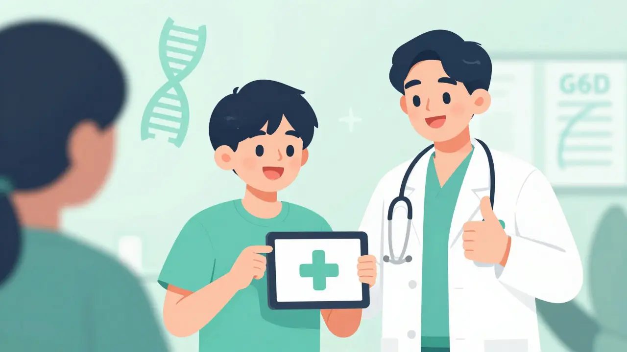 Happy patient and doctor discussing health with genetic symbols in background