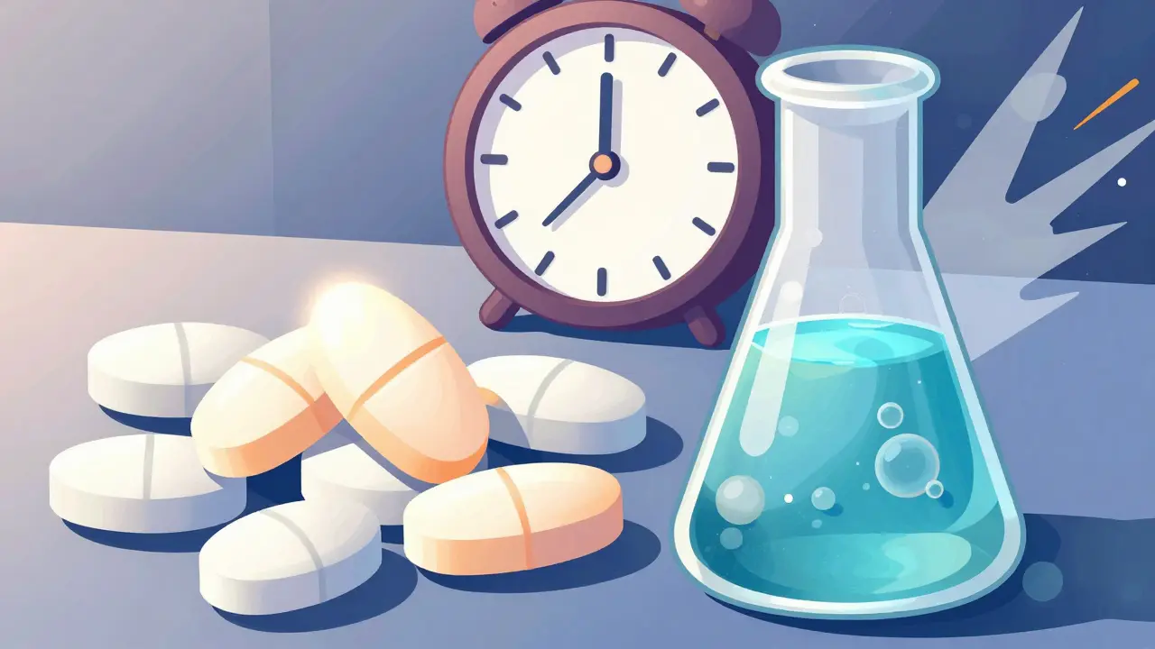 Illustration comparing stable pills vs degrading liquid antibiotics