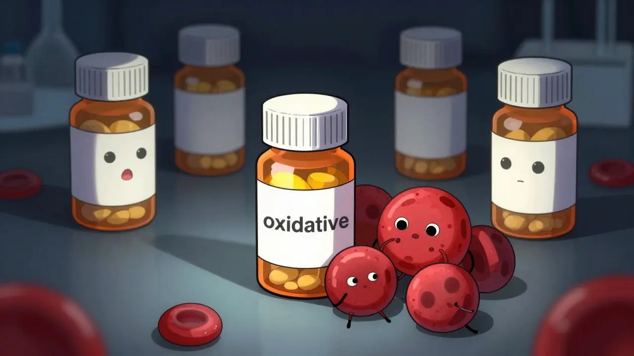 Illustration of medicine bottles threatening red blood cells in a dark lab setting
