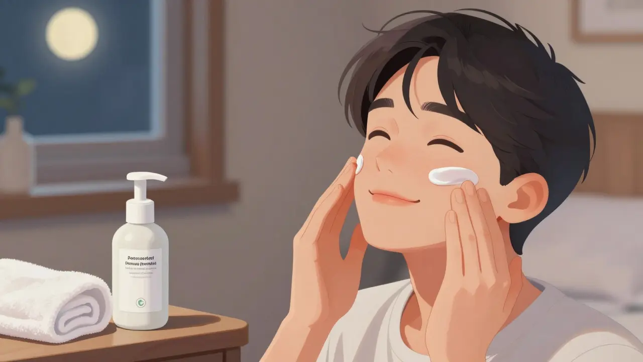 Person applying benzoyl peroxide at night with moisturizer nearby