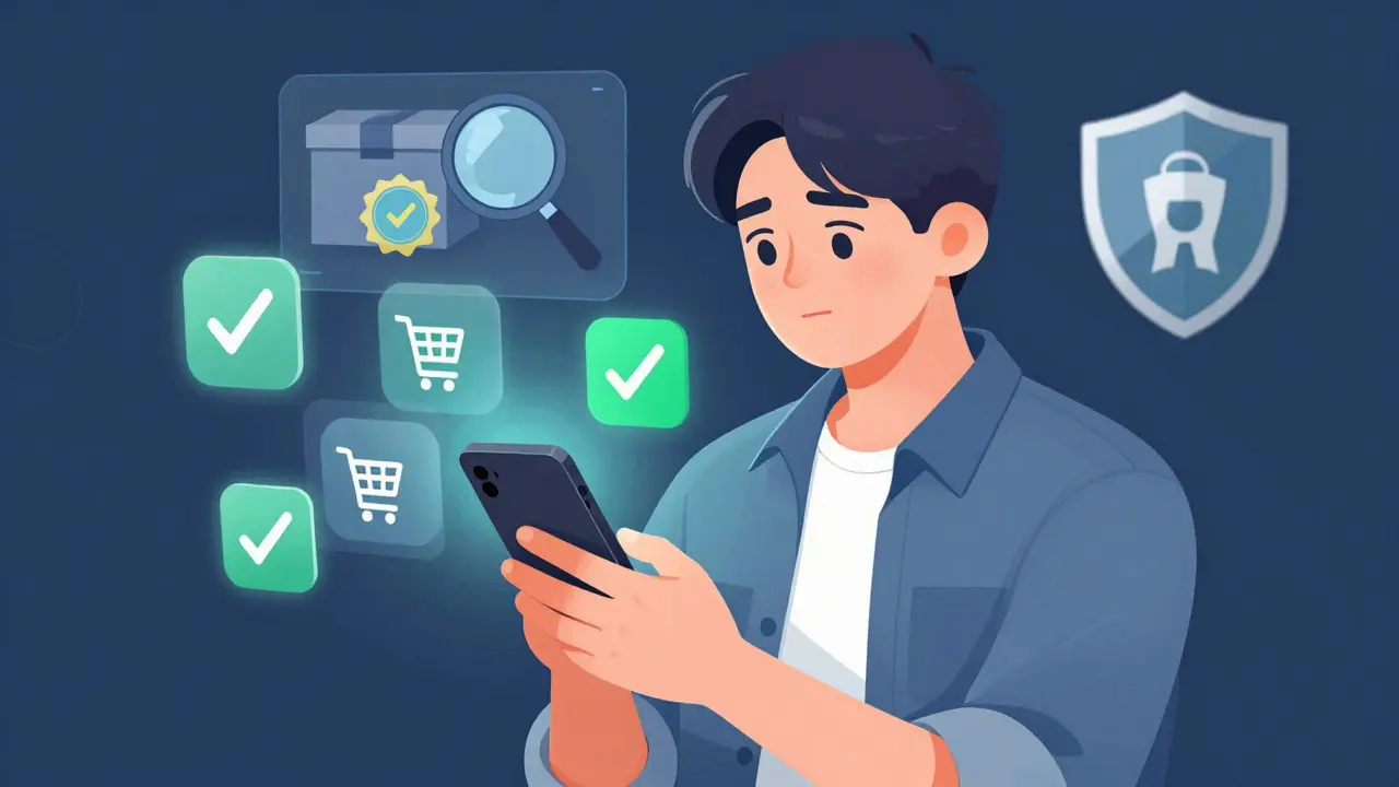 Person verifying authentic products while shopping online