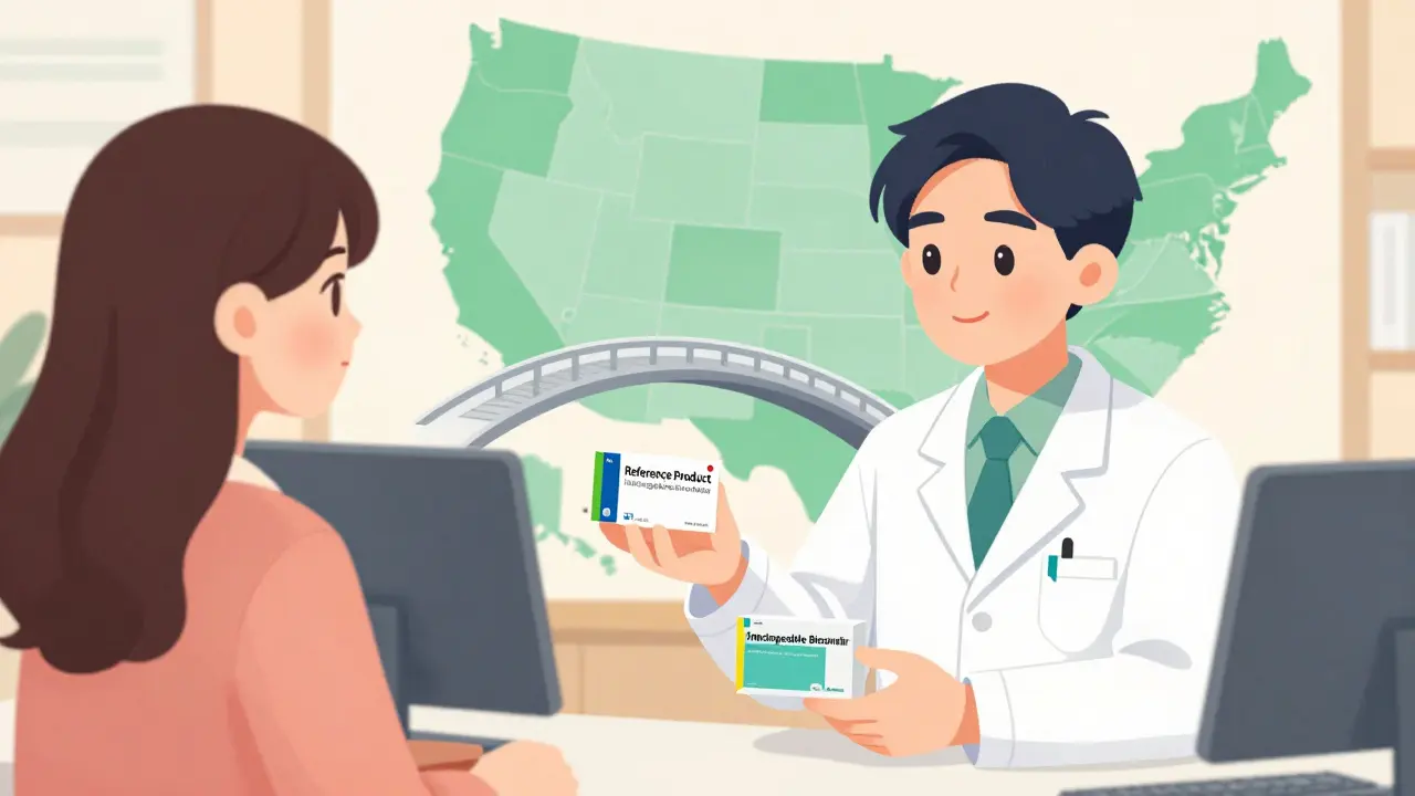 Pharmacist explaining interchangeable biosimilars to a patient with a bridge metaphor.