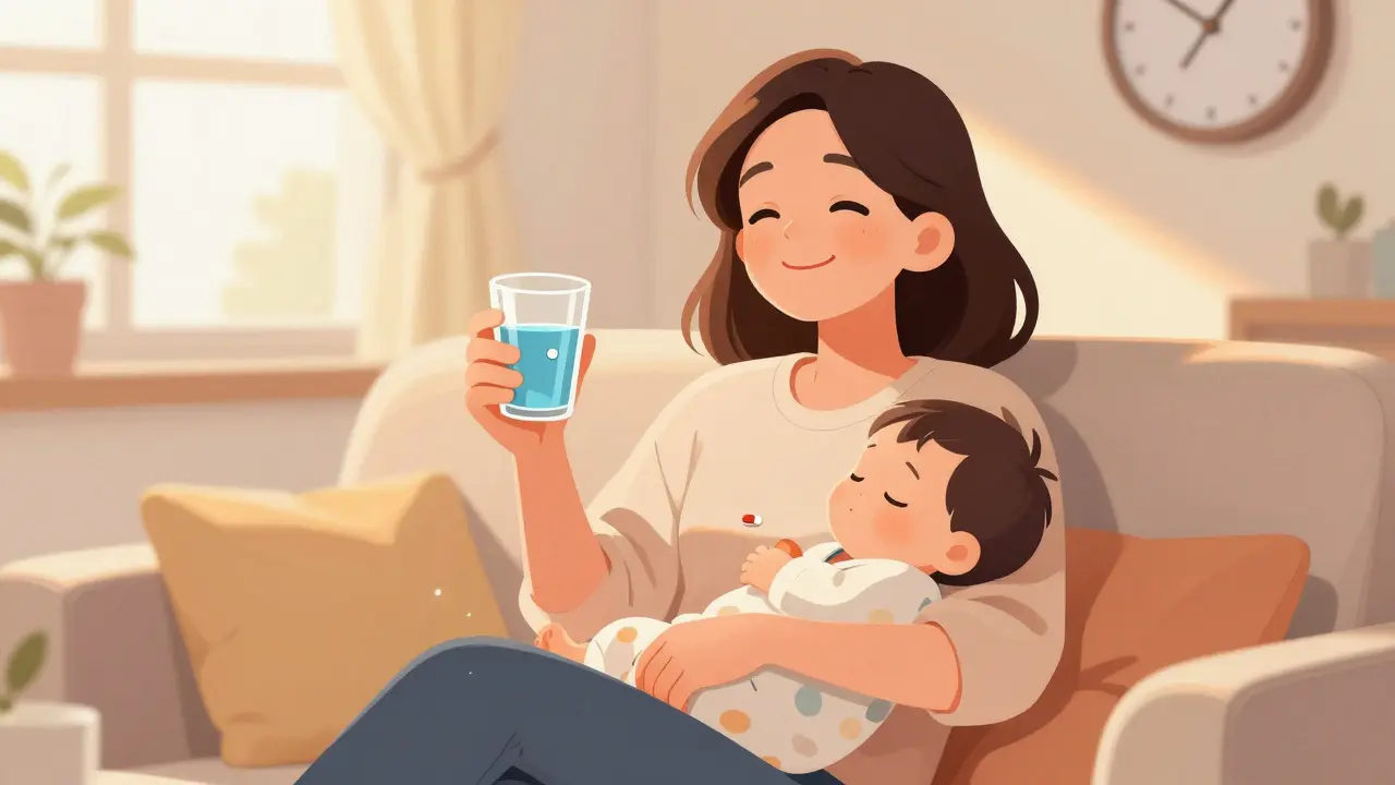 Relaxed mother taking safe medication with sleeping baby