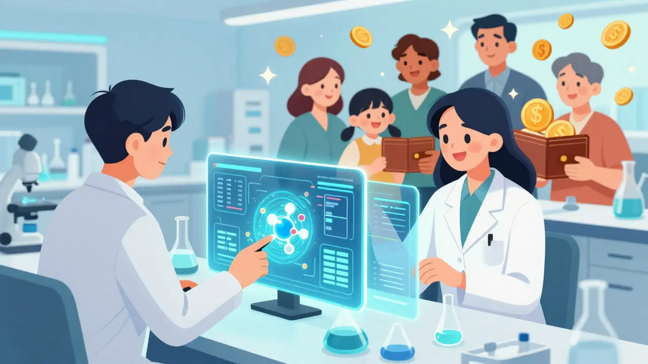 Scientists and happy patients illustrating cost savings from new biologic alternatives.