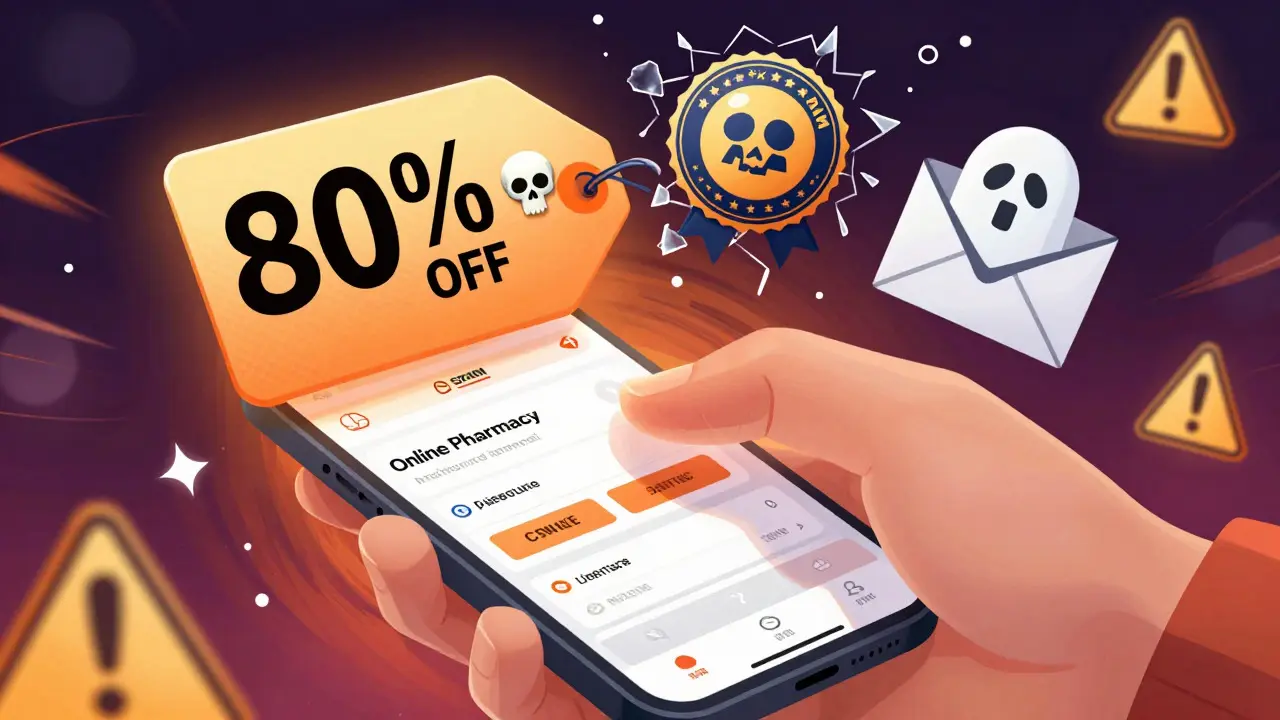 Smartphone screen surrounded by visual warnings of fake discounts and spam emails.