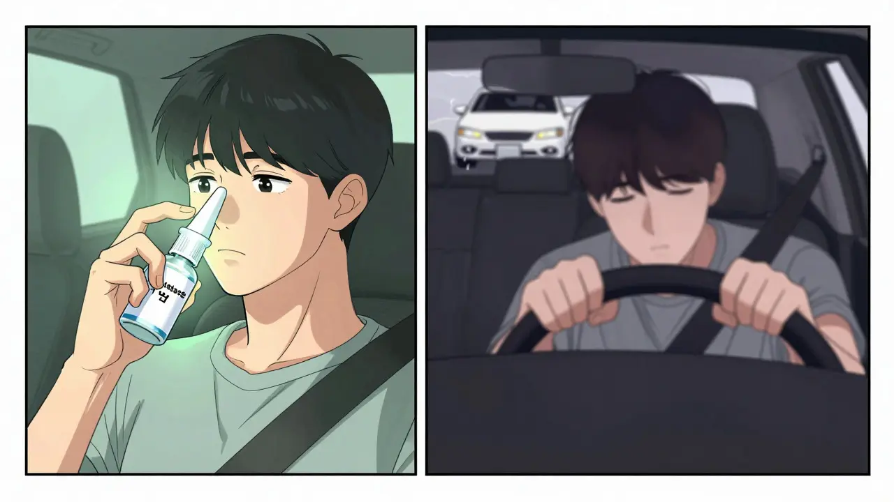 Split image: safe nasal spray use vs impaired driver, webtoon