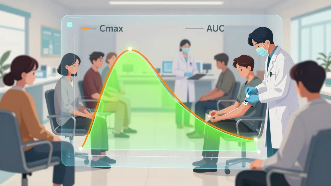 Webtoon illustration of healthy volunteers in a clinical trial with a holographic graph showing overlapping drug absorption curves.