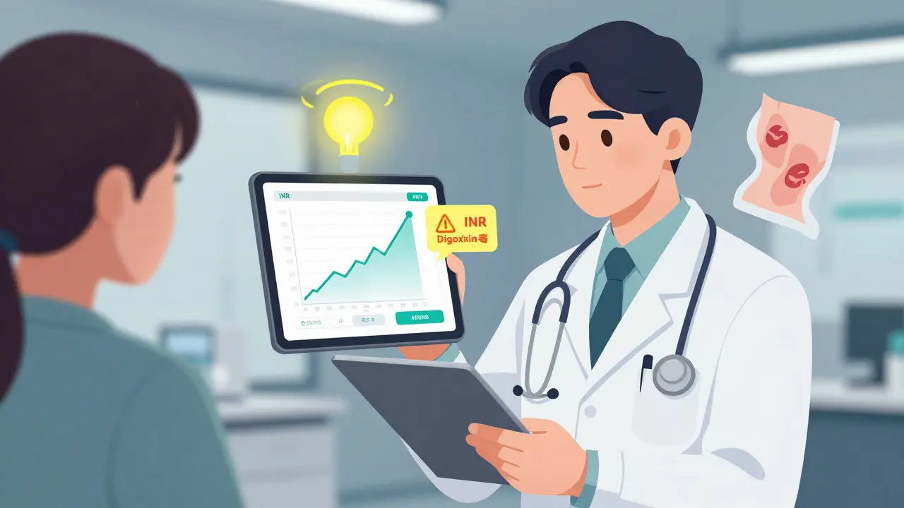 Webtoon style: Doctor monitoring vital signs and toxicity alerts