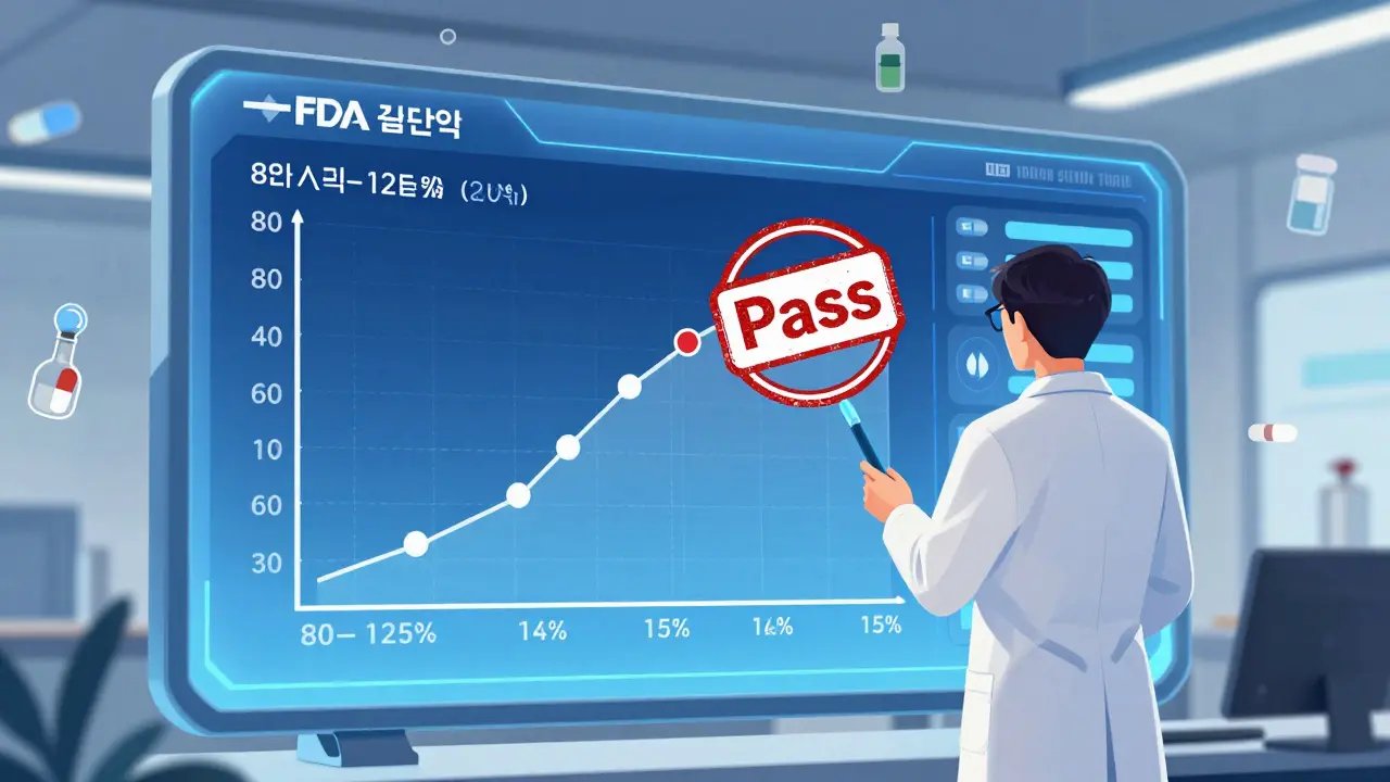 Webtoon style scientist reviewing a passing bioequivalence statistic chart in a modern regulatory office setting.