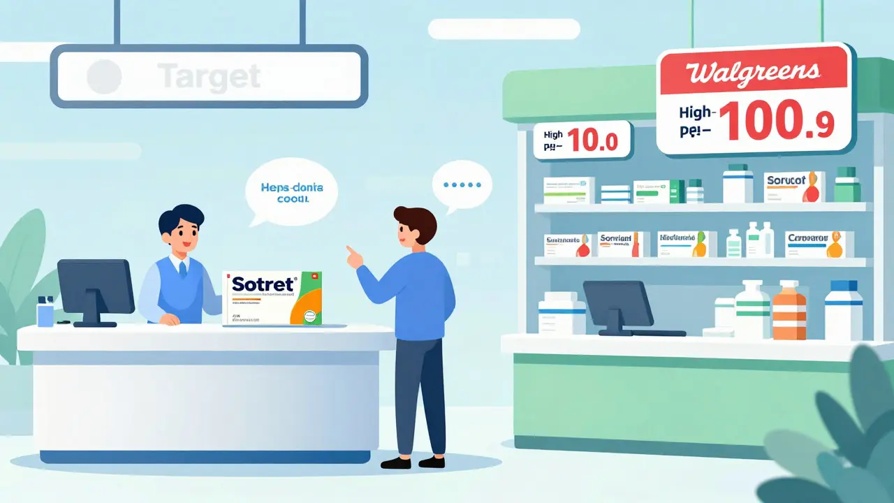 Character comparing cheap generic meds at one pharmacy vs expensive at another