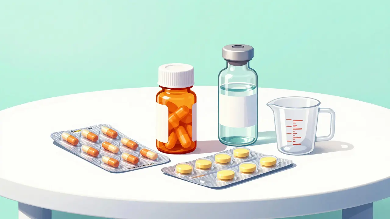 Close-up of antibiotic capsules and liquid suspension on a table