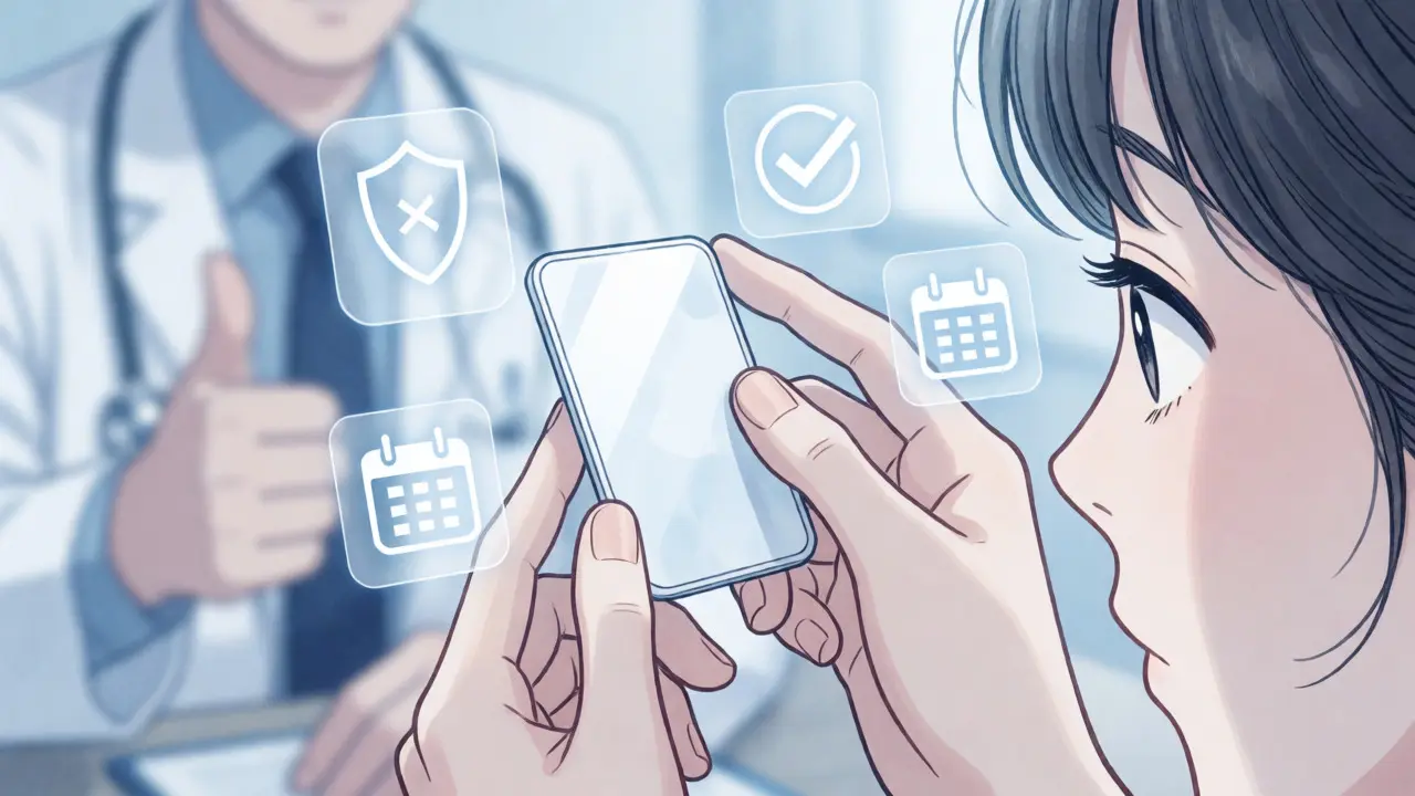 Close-up of hands inspecting medication with safety icons in webtoon style