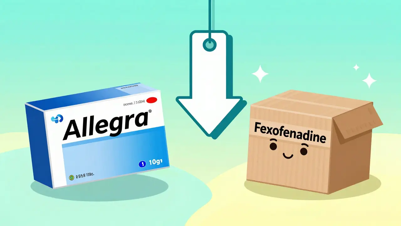 Comparison of brand-name and generic allergy medicine boxes with price tag