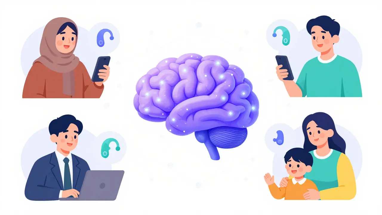 Diverse users benefiting from AI-powered remote hearing care