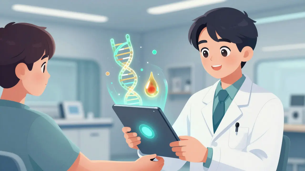 Doctor analyzing biomarkers with holographic tech in webtoon style