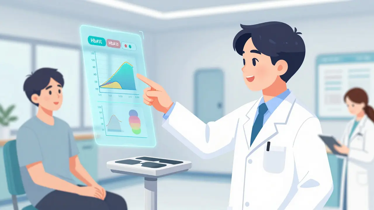 Doctor and patient reviewing health metrics in a modern weight clinic.