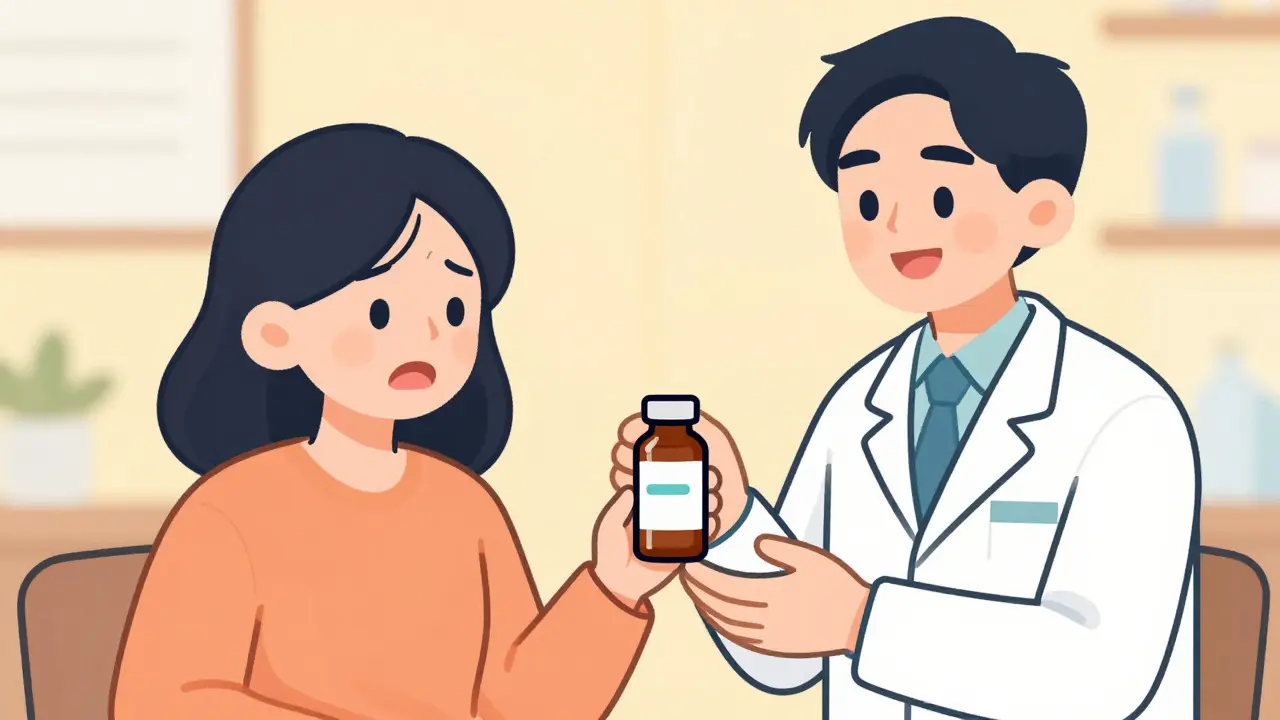 Happy patient receiving personalized medicine from smiling pharmacist