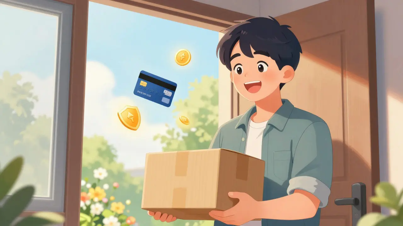 Happy person receiving online medication delivery package at home