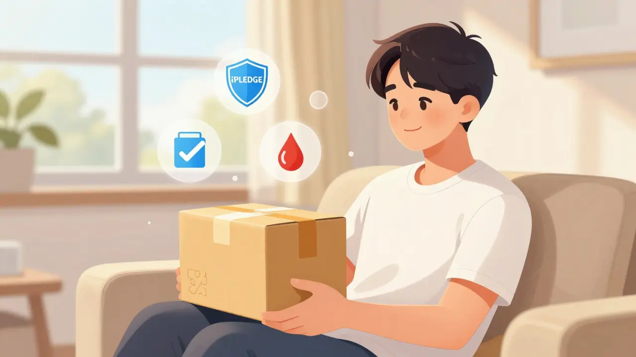 Happy person receiving safe telemedicine package at home