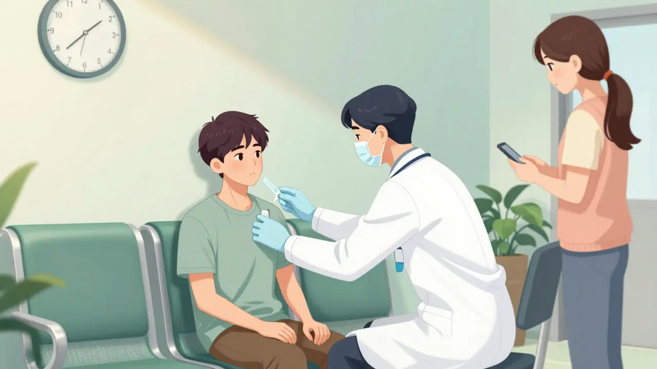 Healthcare worker checking on a recovering patient in a calm setting