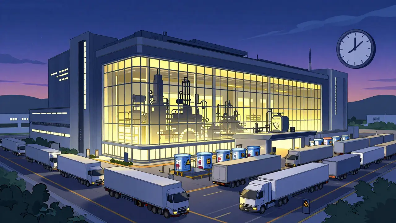 Illustration of a high-tech vaccine factory surrounded by supply chain logistics