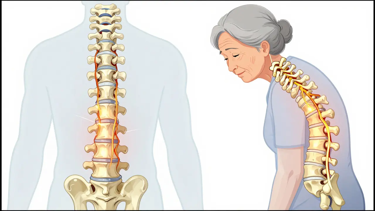 Illustration showing spinal compression and relief through forward bending