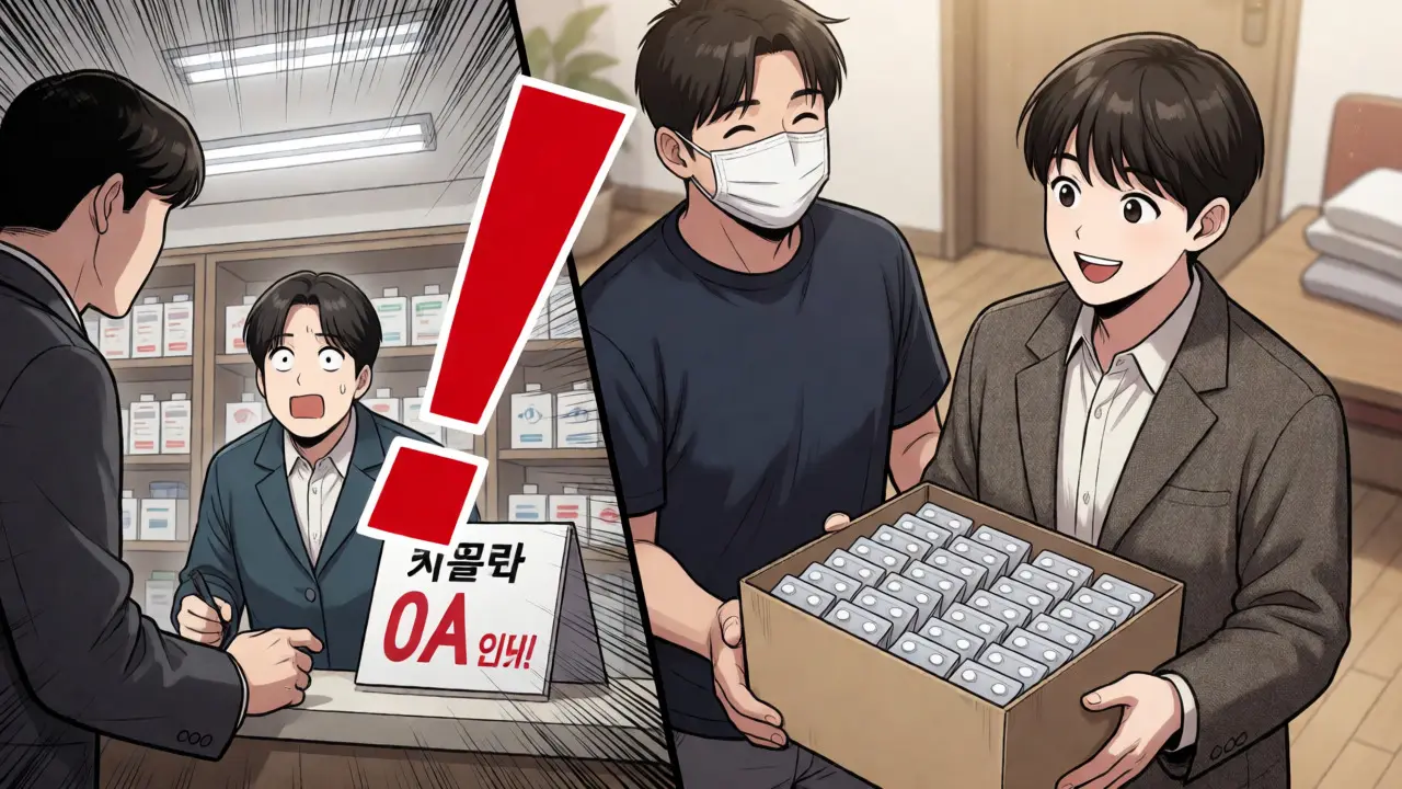 Illustration showing transition from expensive pharmacy to convenient home delivery