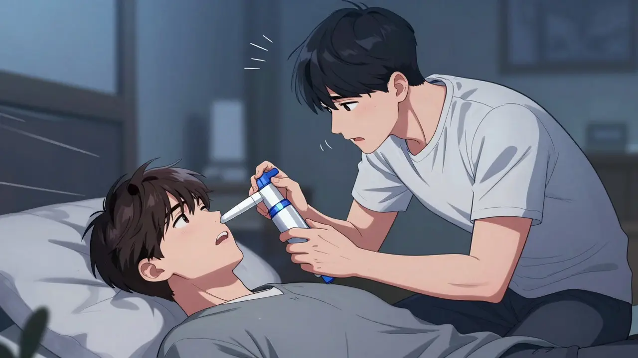 Person administering nasal spray to a patient in a bedroom