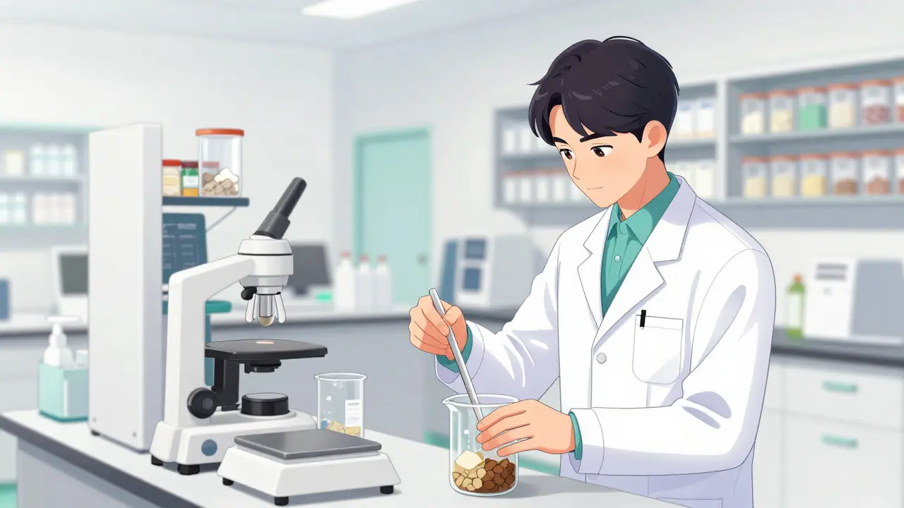 Pharmacist carefully mixing custom medication ingredients in lab
