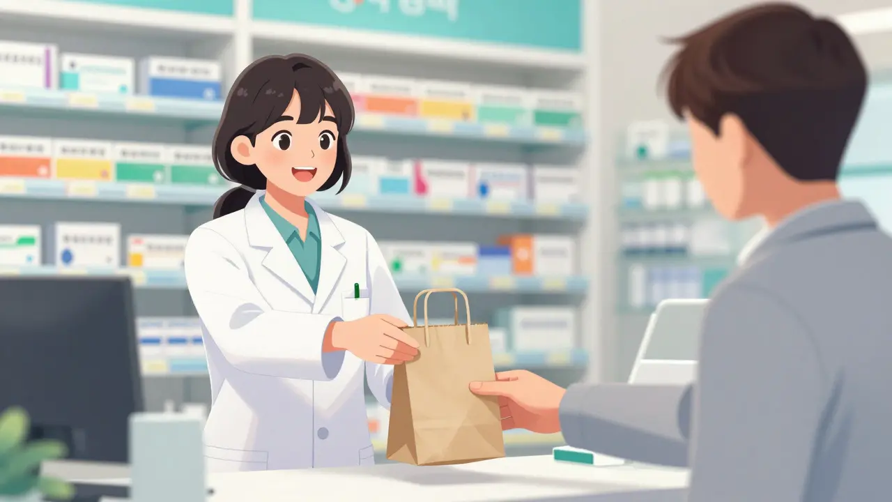Pharmacist handing a medication bag to a happy customer