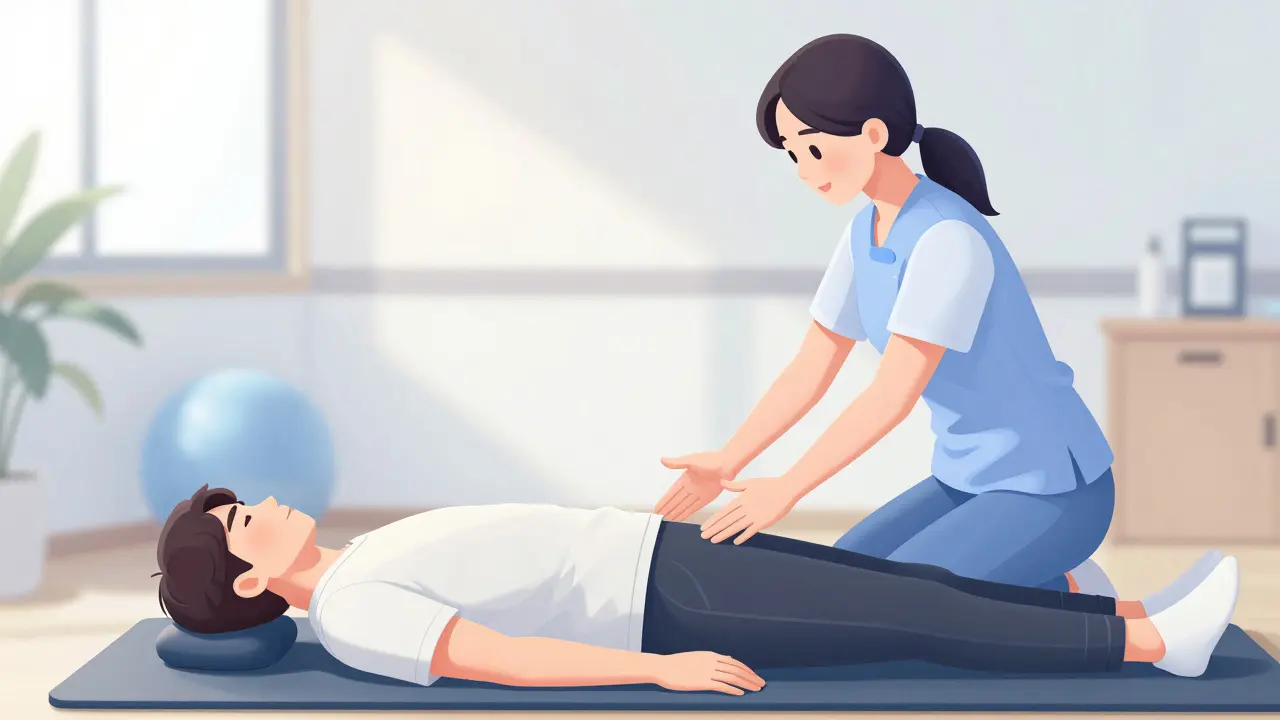 Physiotherapist guiding a patient through a stretching exercise