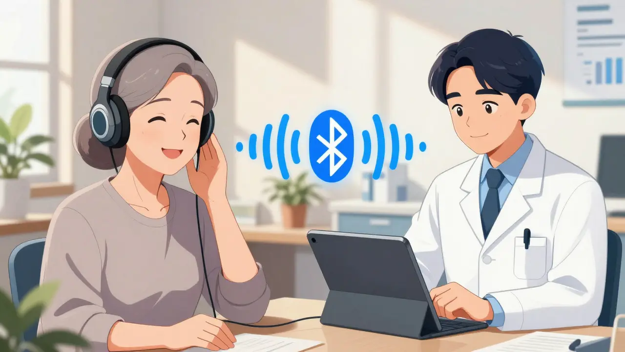 Senior woman connecting remotely with audiologist via video call