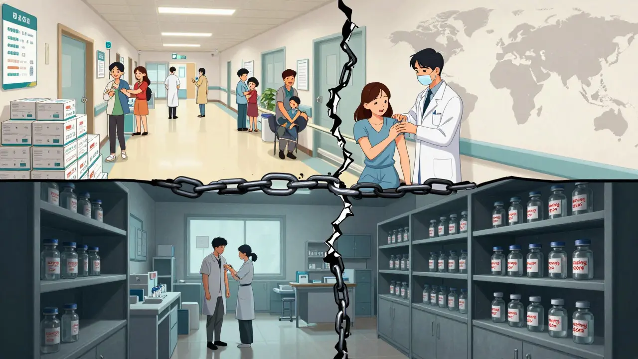 Split-screen webtoon art showing unequal vaccine access in rich vs poor regions
